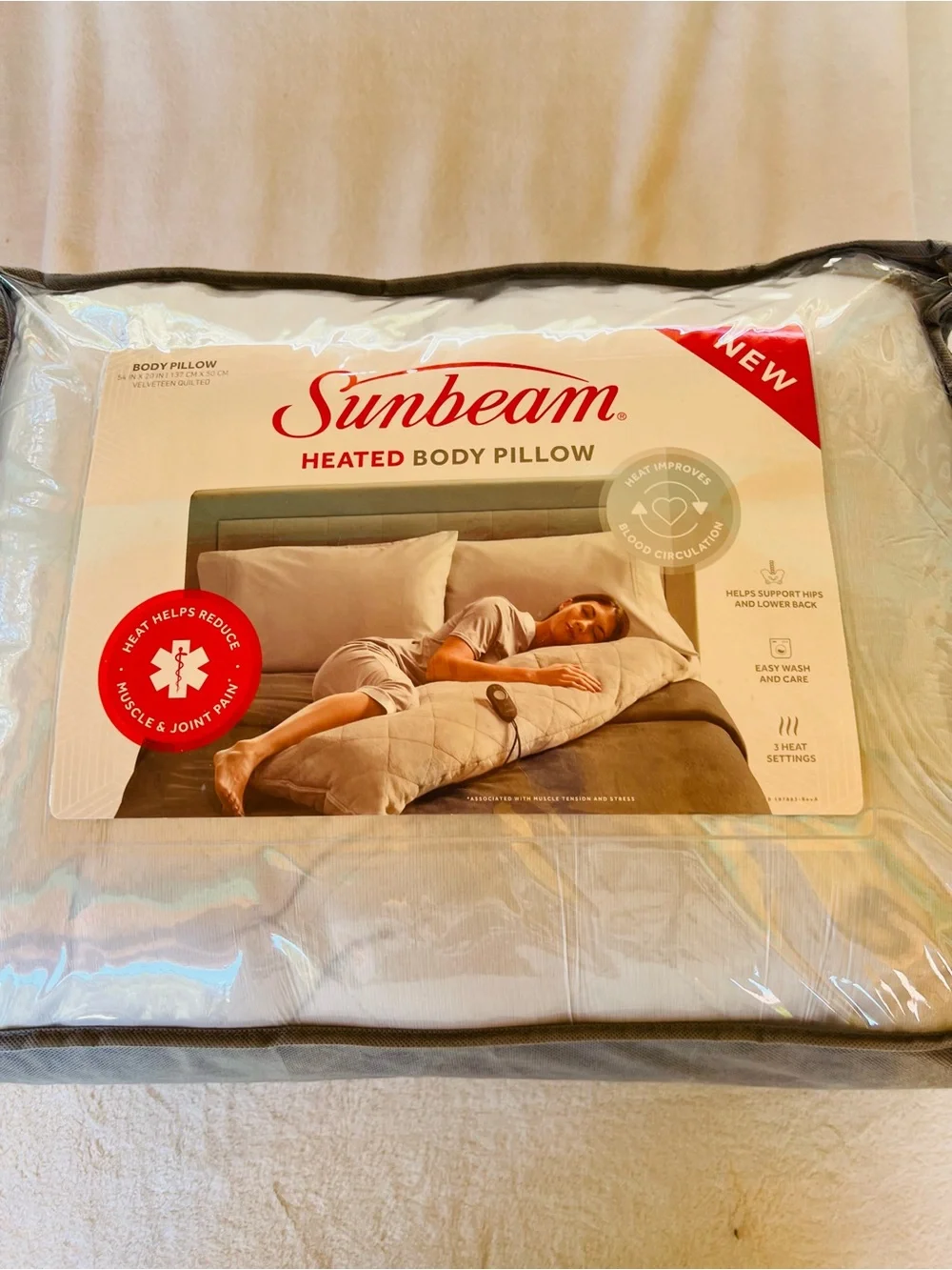 Sunbeam 54 Inch Heated Body Pillow with Temperature Controller - White NWT